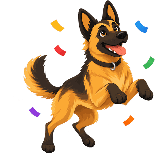 The CaninePal shepherd jumping for joy.