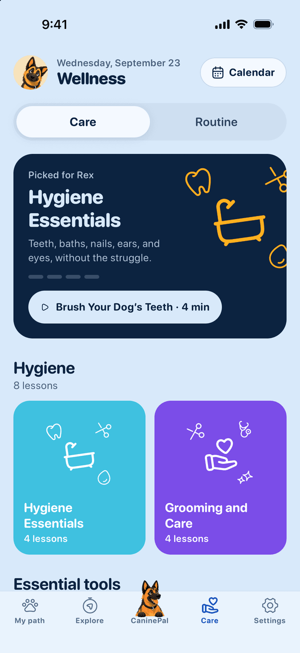 The Care tab suggesting the Hygiene Essentials course.