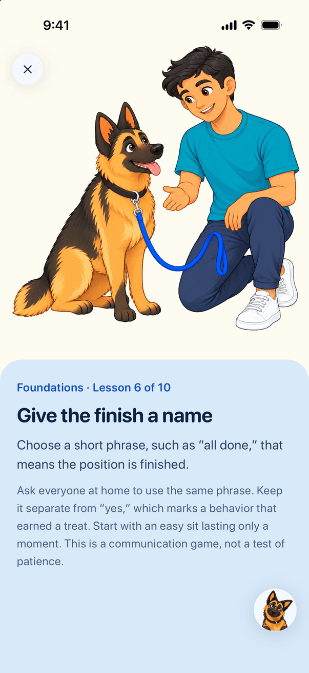 A CaninePal lesson slide: an illustrated trainer and shepherd practicing the release cue.