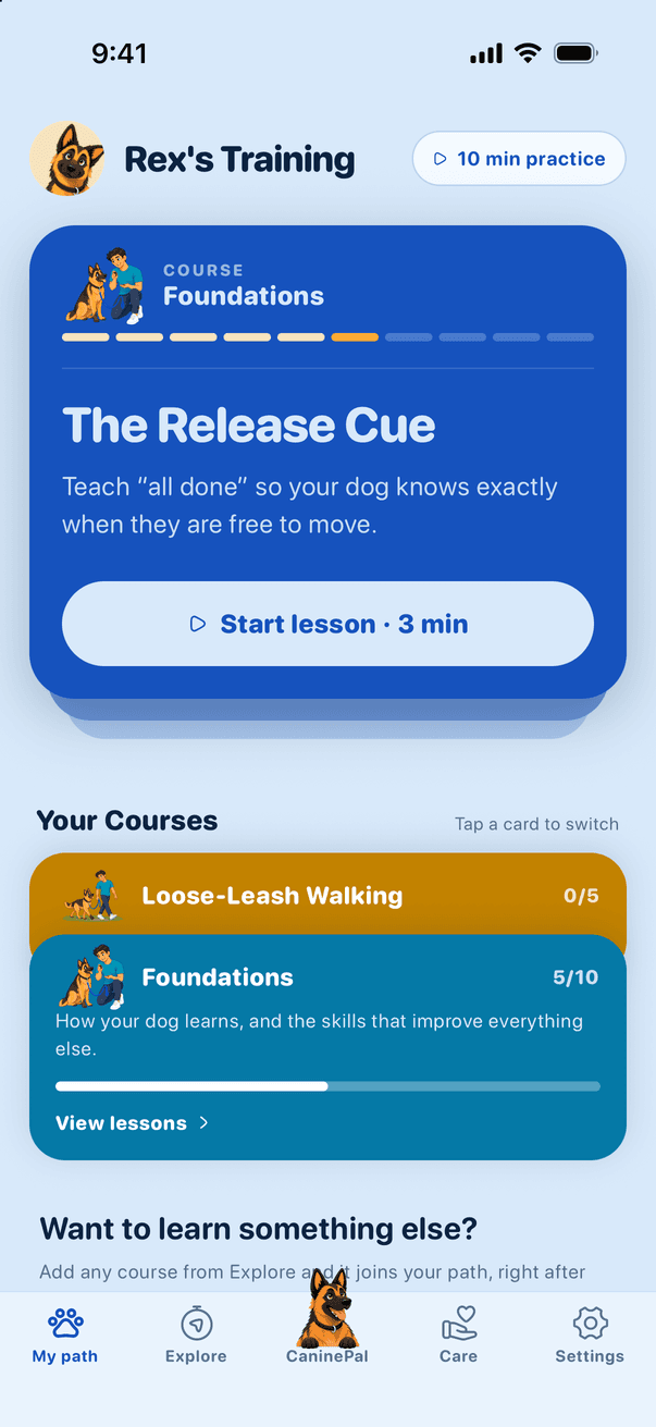 CaninePal's Up Next screen showing the next lesson, The Release Cue.